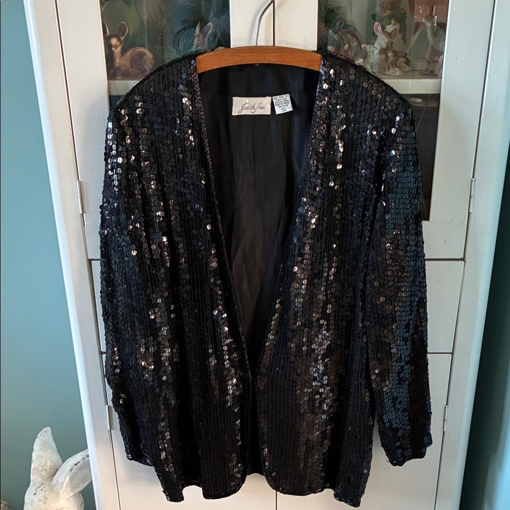 Judith Ann sz S Vintage 80’s Silk Black Sequin Jacket euc